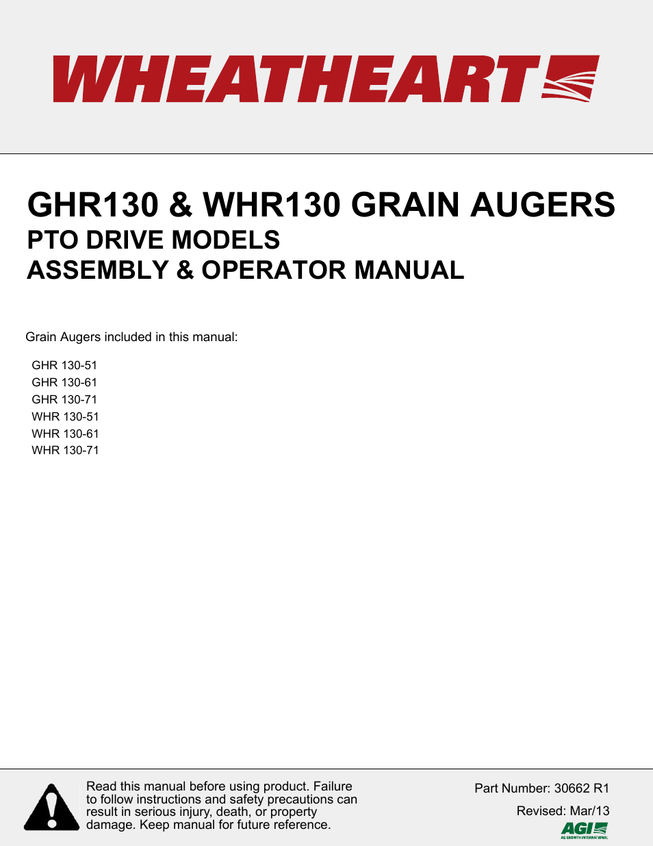 Wheatheart WHR 130 x 51-71ft Augers PTO User Manual | 48 pages