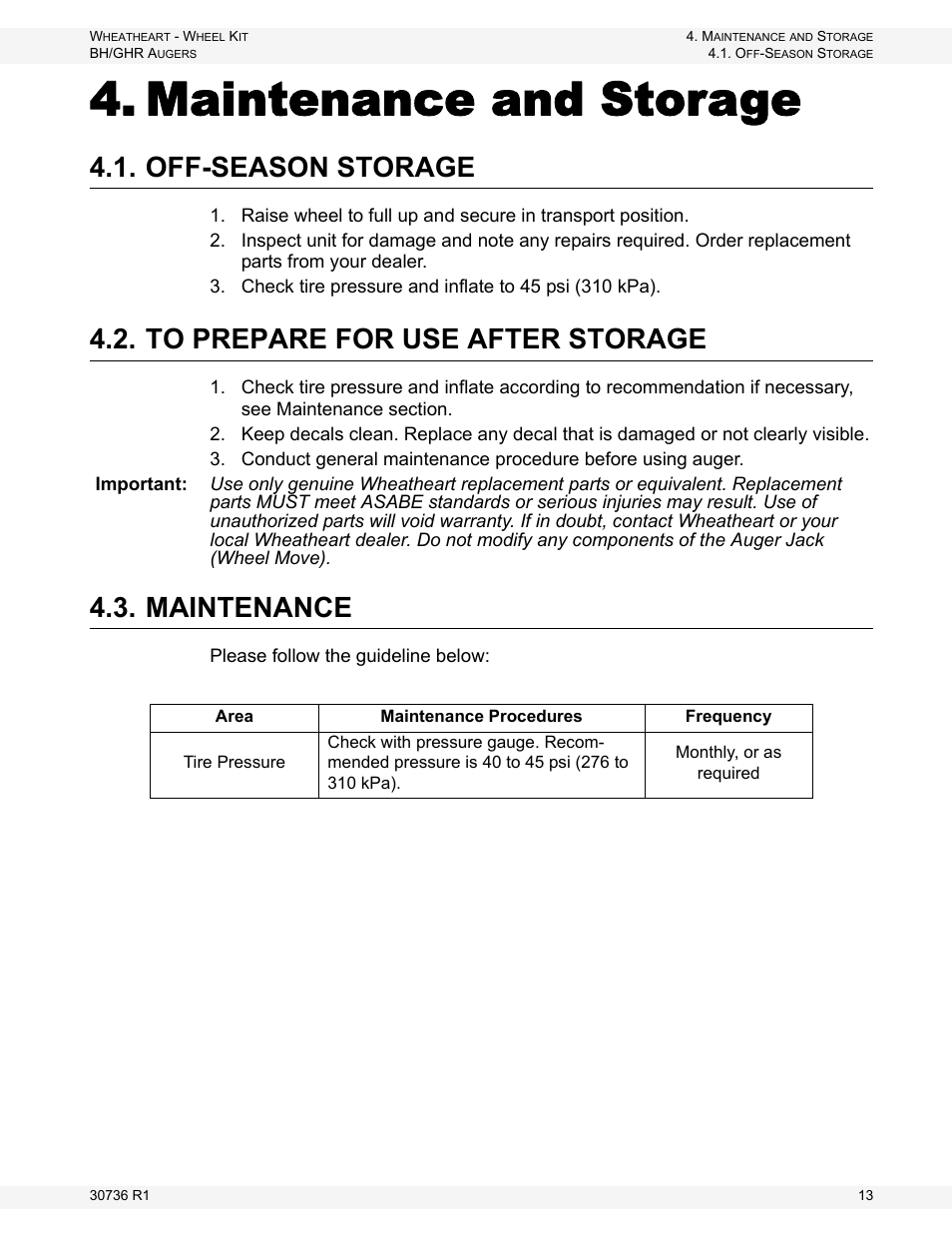 Maintenance and storage, Off-season storage, To prepare for use after storage | Maintenance | Wheatheart GHR Auger Wheel Kit User Manual | Page 13 / 16