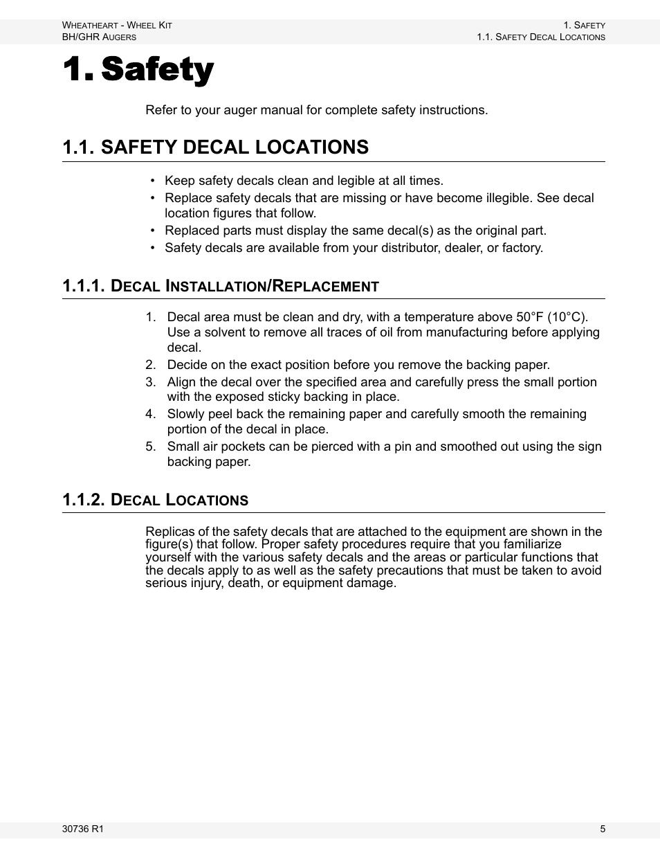 Safety, Safety decal locations, Decal installation/replacement | Decal locations | Wheatheart GHR Auger Wheel Kit User Manual | Page 5 / 16