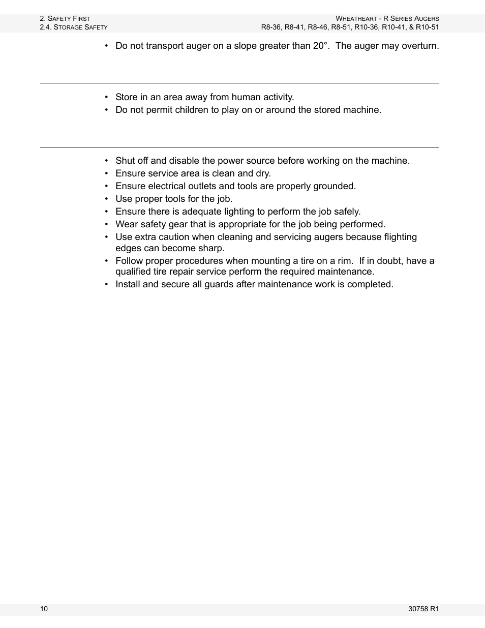 Storage safety, Maintenance safety | Wheatheart R Series Augers User Manual | Page 10 / 46