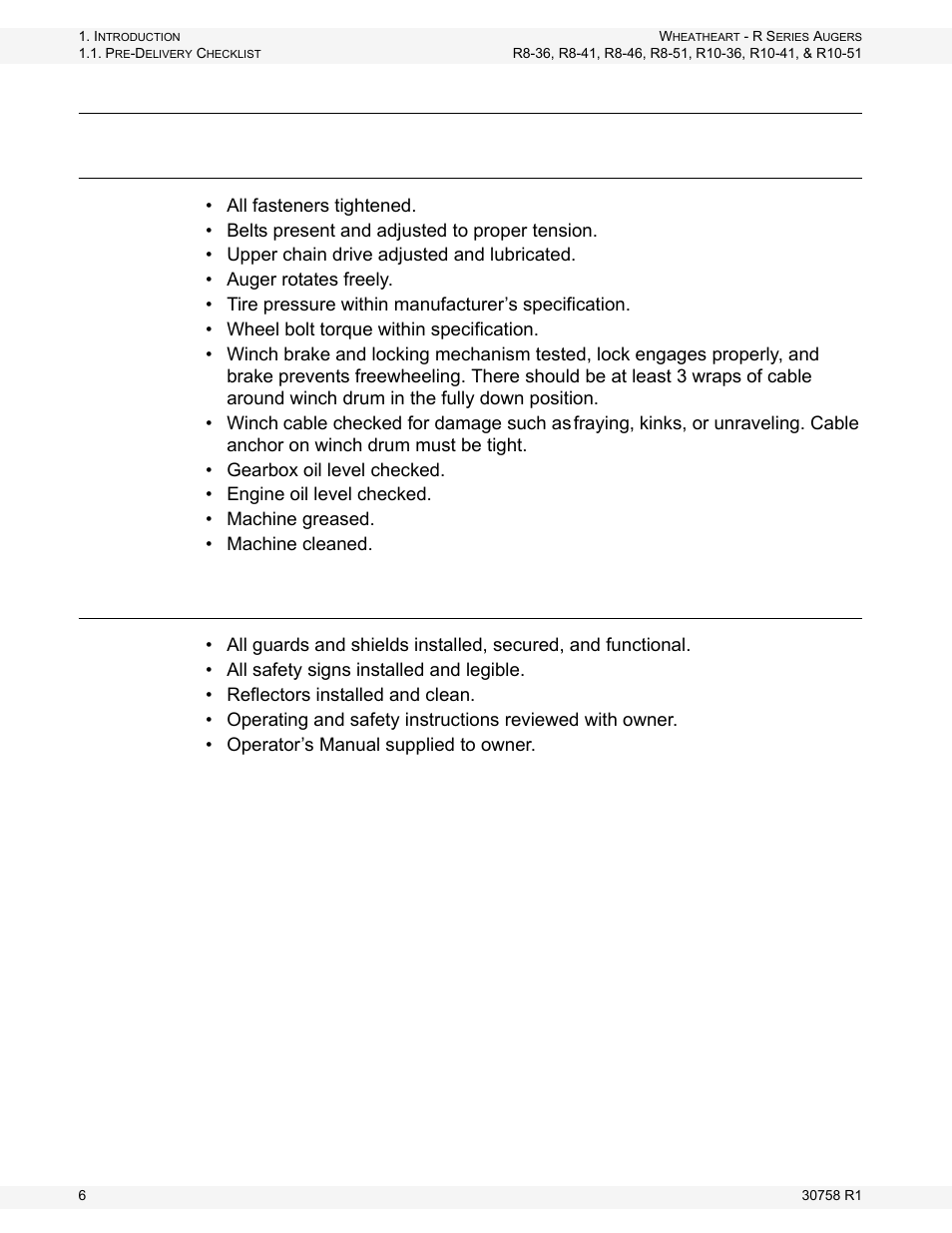 Pre-delivery checklist, Mechanical, Safety | Wheatheart R Series Augers User Manual | Page 6 / 46