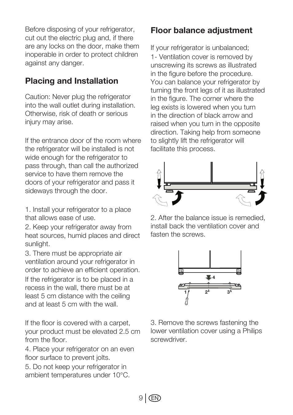 Placing and installation, Floor balance adjustment | Beko GNE 114610 X User Manual | Page 10 / 42