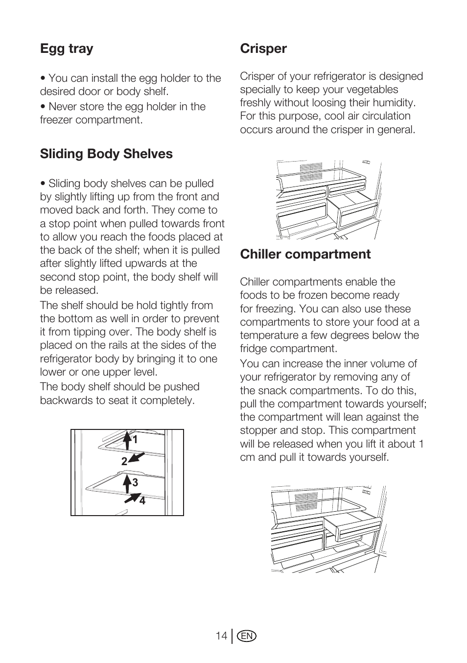 Egg tray, Sliding body shelves, Crisper | Chiller compartment | Beko GNE 114610 X User Manual | Page 15 / 42