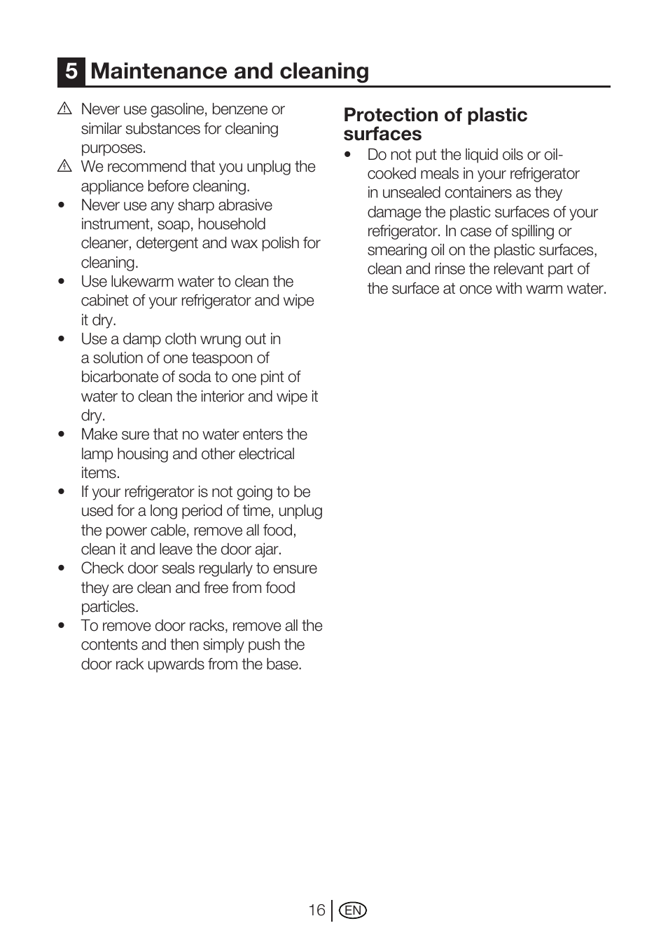 5maintenance and cleaning, Protection of plastic surfaces | Beko GNE 114610 X User Manual | Page 17 / 42