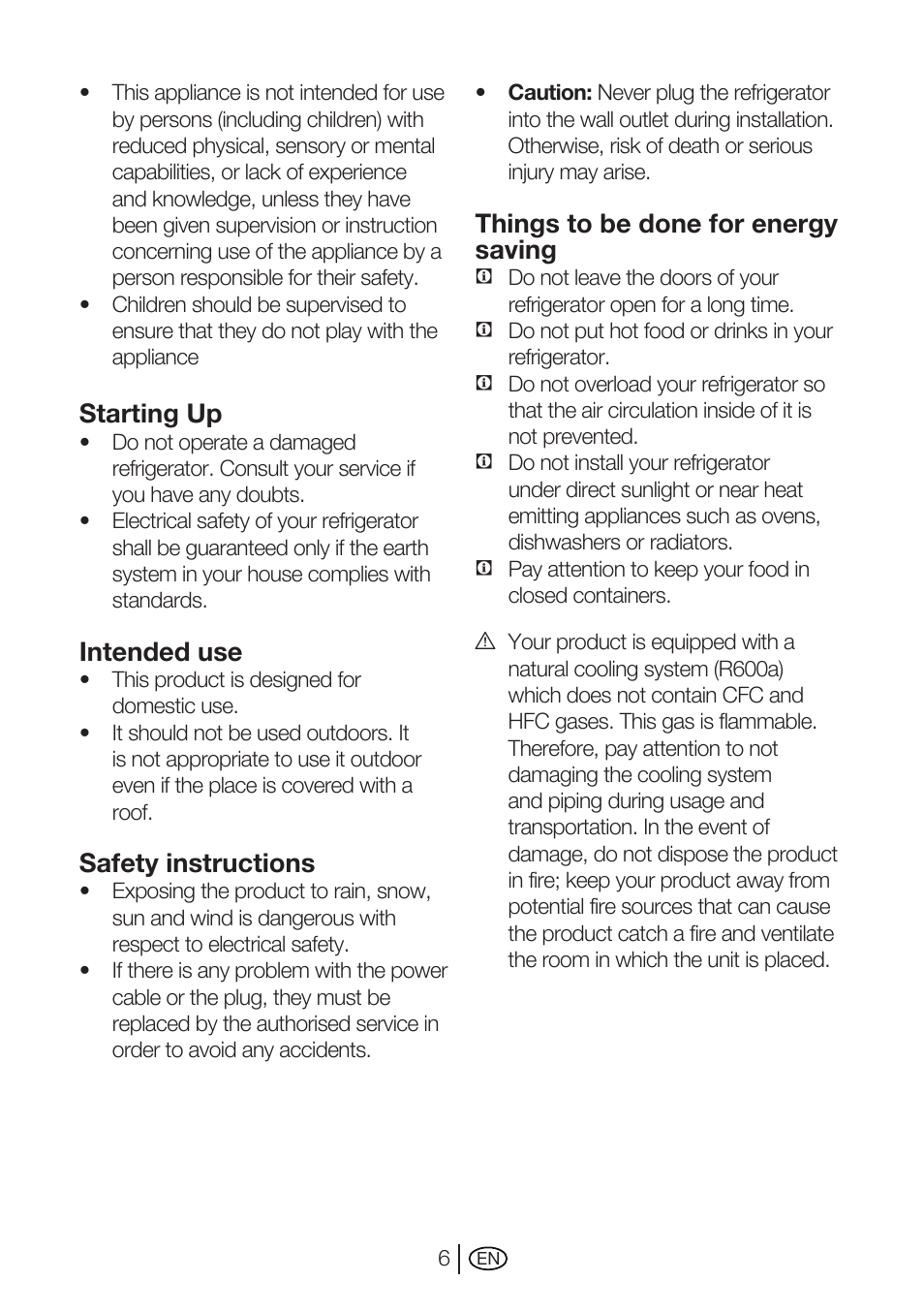 Starting up, Intended use, Safety instructions | Things to be done for energy saving | Beko GNE 114610 X User Manual | Page 7 / 42