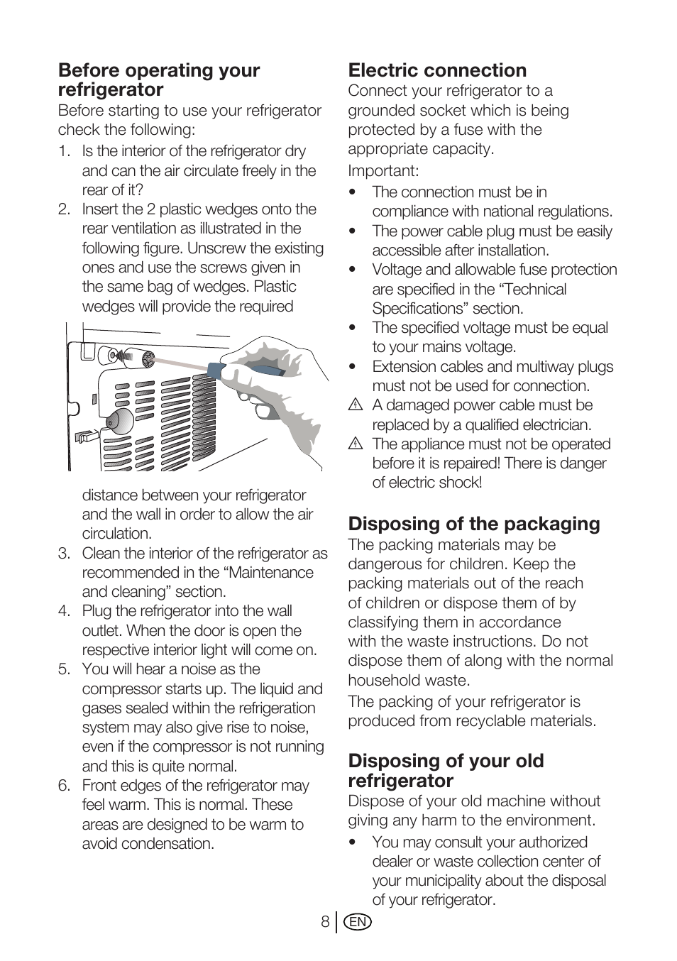 Before operating your refrigerator, Electric connection, Disposing of the packaging | Disposing of your old refrigerator | Beko GNE 114610 X User Manual | Page 9 / 42