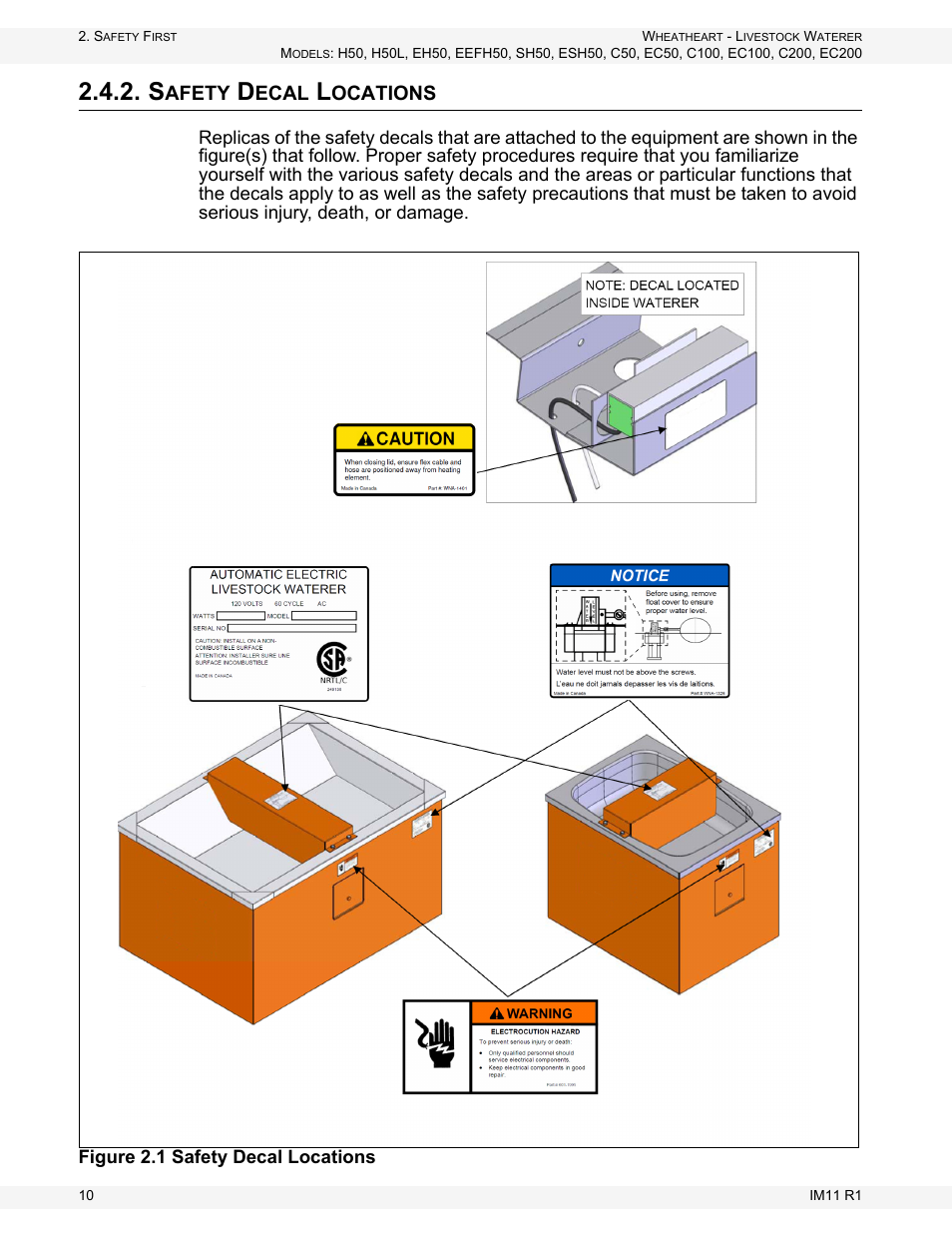 Safety decal locations, Afety, Ecal | Ocations | Wheatheart Livestock Waterer User Manual | Page 10 / 28