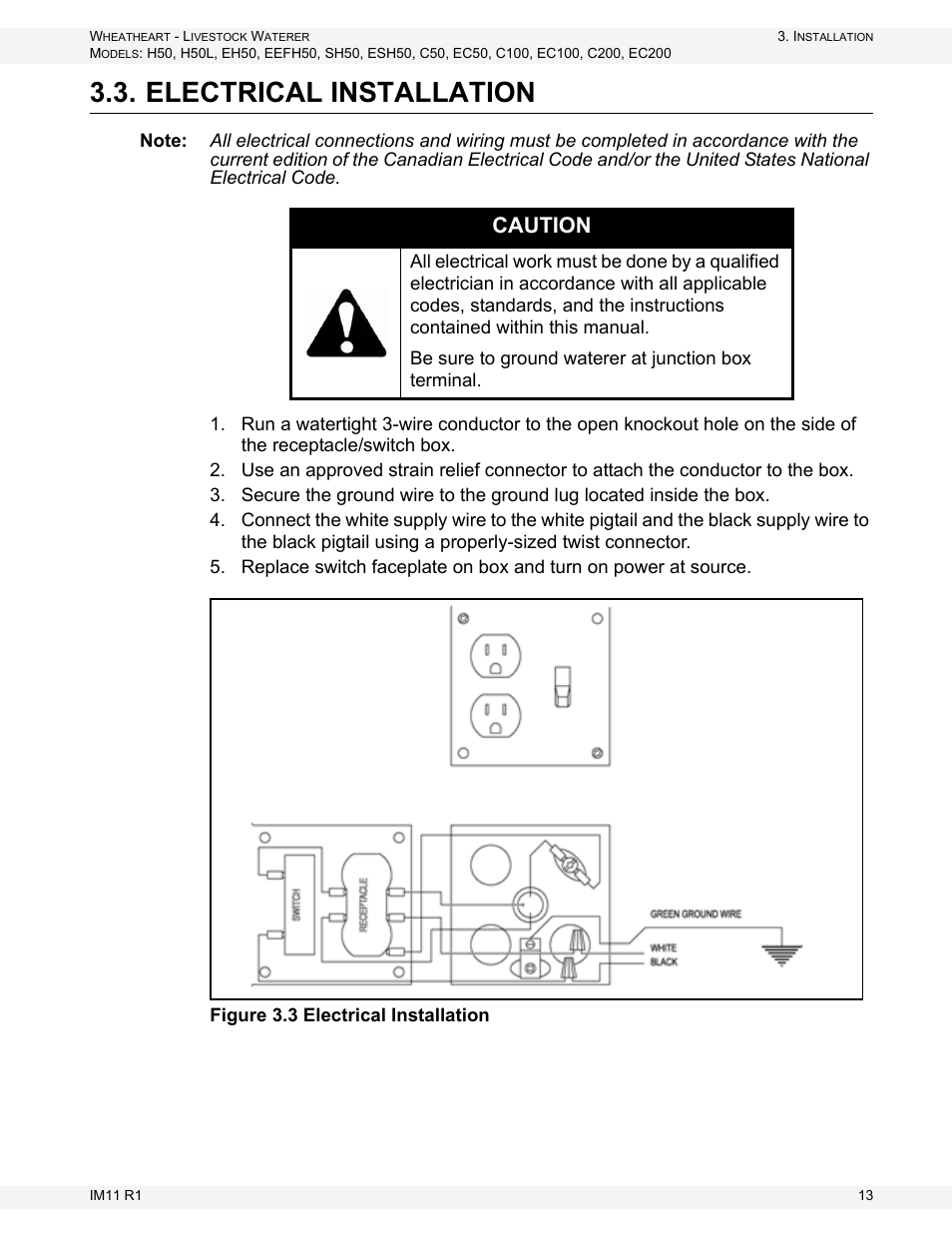 Electrical installation, Caution | Wheatheart Livestock Waterer User Manual | Page 13 / 28