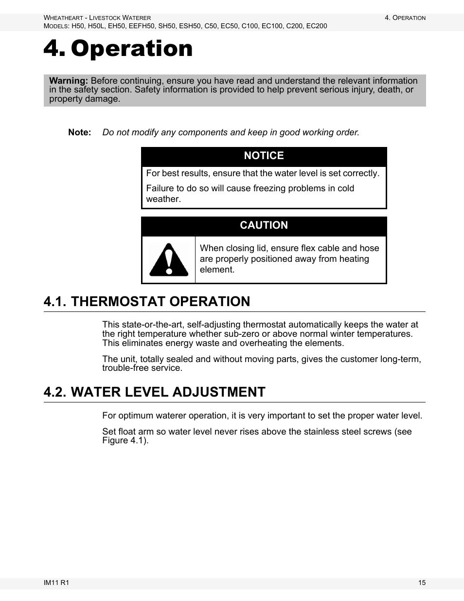 Operation, Thermostat operation, Water level adjustment | Thermostat operation 4.2. water level adjustment, Notice, Caution | Wheatheart Livestock Waterer User Manual | Page 15 / 28