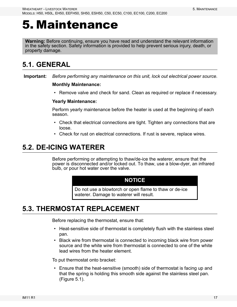 Maintenance, General, De-icing waterer | Thermostat replacement | Wheatheart Livestock Waterer User Manual | Page 17 / 28