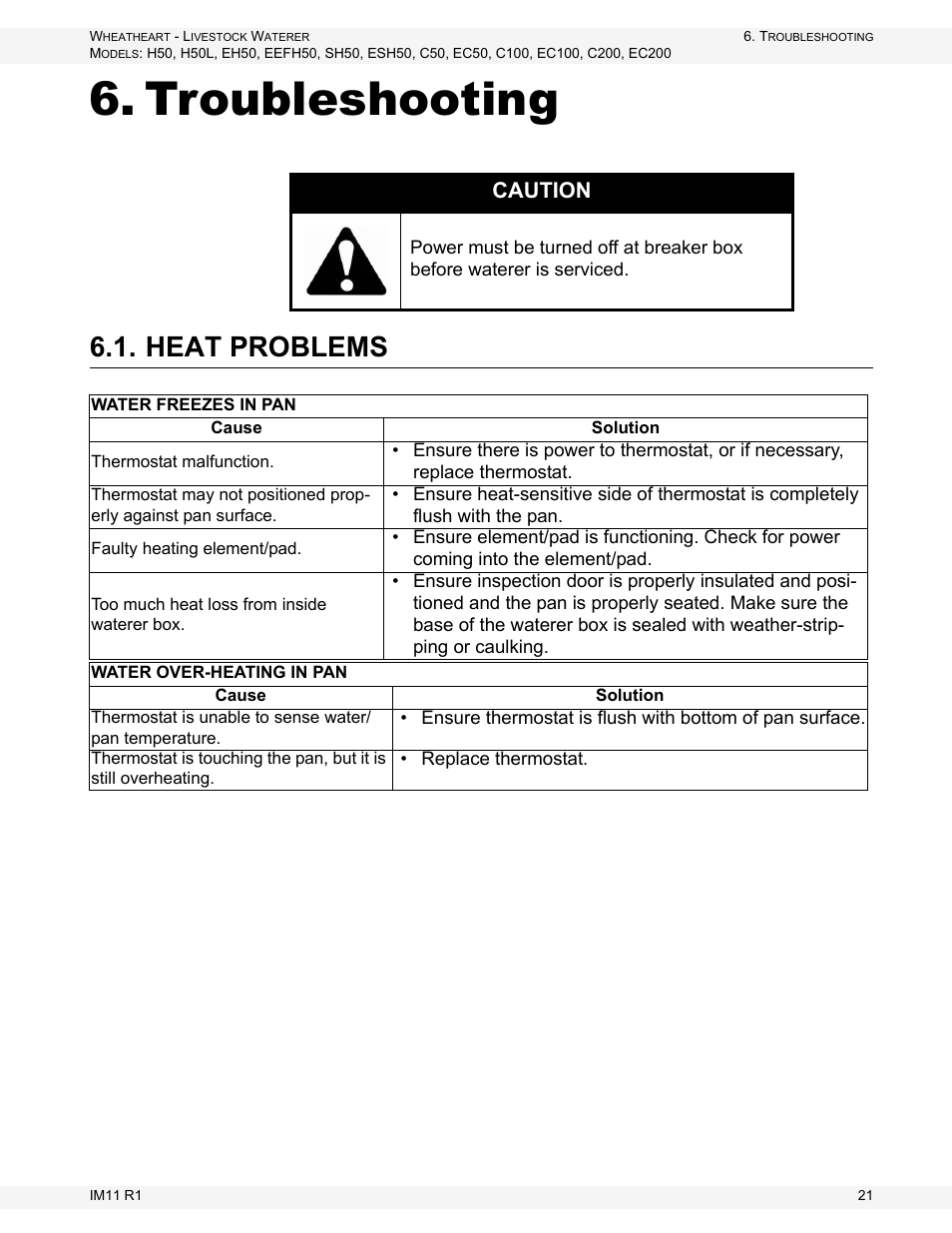 Troubleshooting, Heat problems, Caution | Wheatheart Livestock Waterer User Manual | Page 21 / 28