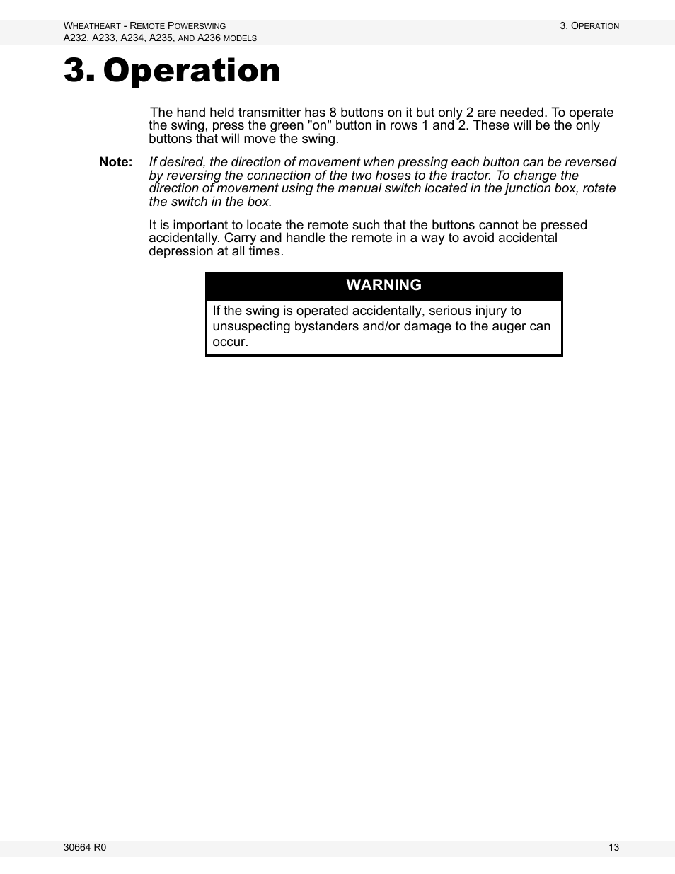 Operation, Warning | Wheatheart Remote PowerSwing User Manual | Page 13 / 22