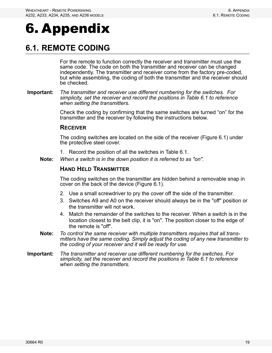 Appendix, Remote coding | Wheatheart Remote PowerSwing User Manual | Page 19 / 22