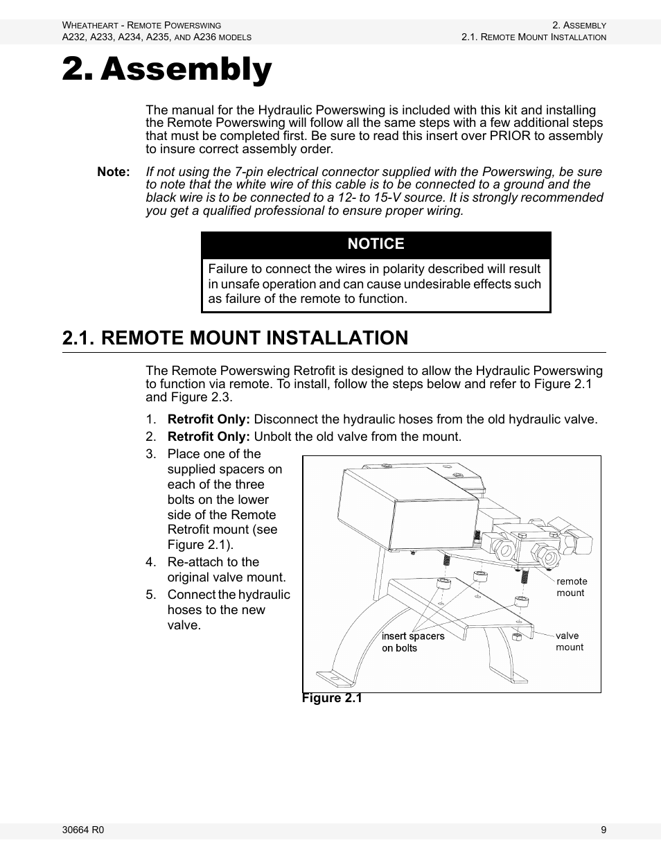 Assembly, Remote mount installation, Notice | Wheatheart Remote PowerSwing User Manual | Page 9 / 22