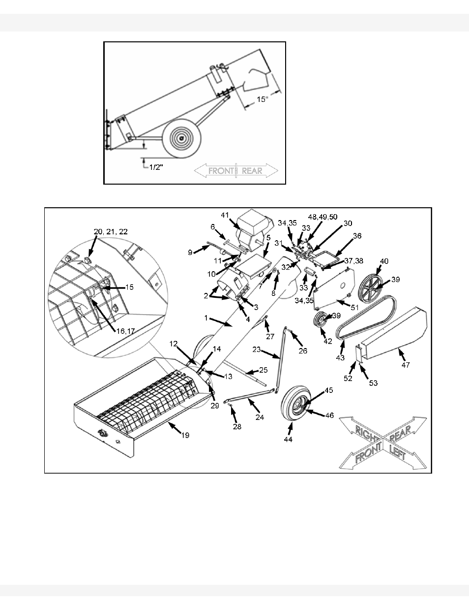 Refer to figure 3.1, 3.2, 3.3, and 3, The spout (see figure 3.1) using eight, And locknut (17) (figure 3.2 and 3.3) | Figure 3.1) with four 5/16" x 1-1/2, Om the ground (see figure 3.1). t, Figure 3.1 side view of assembly figure 3.2 | Wheatheart Transfer Auger User Manual | Page 17 / 50