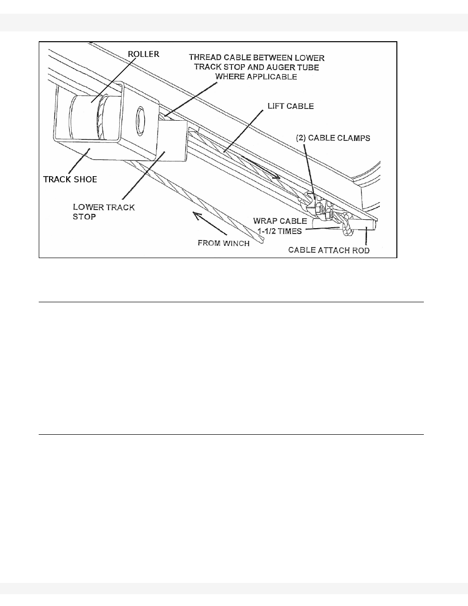 Winch assembly, Winch alignment, End of track (figure 3.12) | Track stop (figure 3.12), As shown (figure 3.12). t, Figure 3.12 when raising auger | Wheatheart Self-Propelled Auger Kit (Competitors Models) User Manual | Page 24 / 54