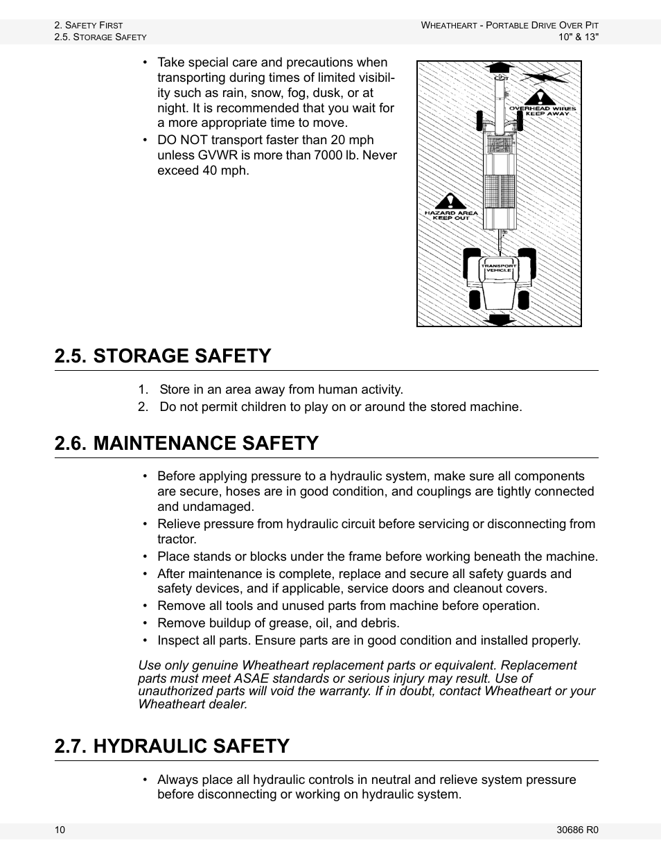 Storage safety, Maintenance safety, Hydraulic safety | Wheatheart Portable Drive Over Pit User Manual | Page 10 / 44