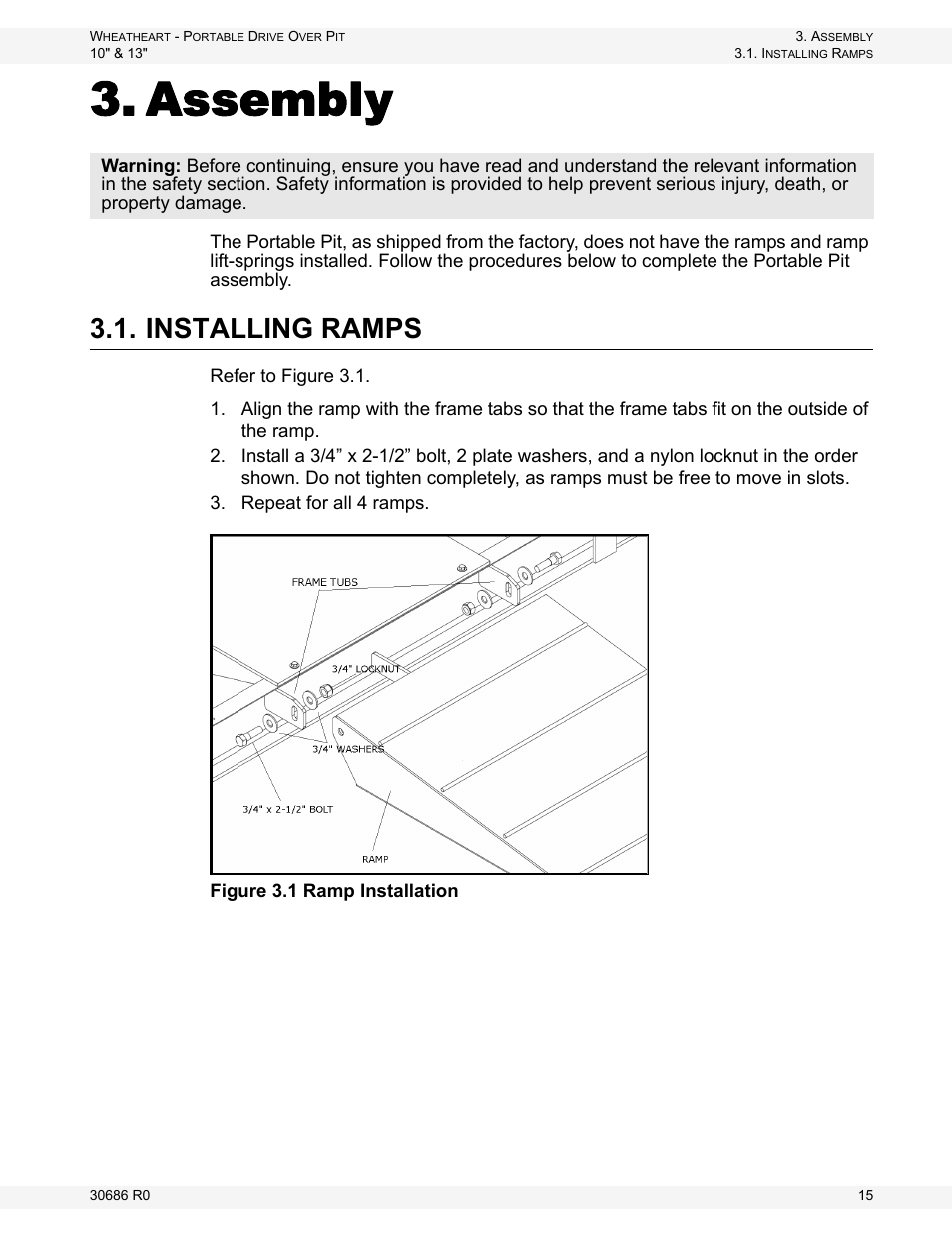 Assembly, Installing ramps | Wheatheart Portable Drive Over Pit User Manual | Page 15 / 44