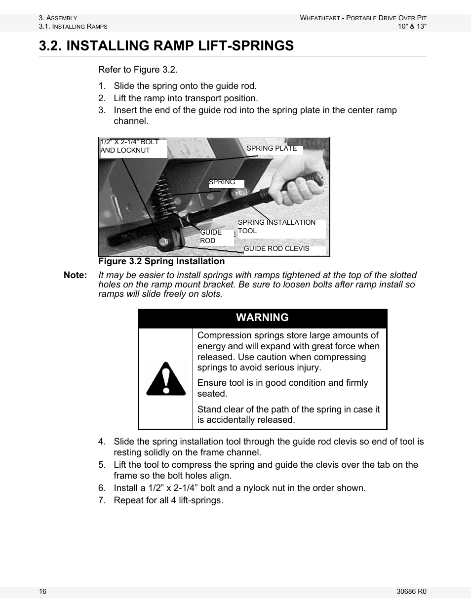 Installing ramp lift-springs, Warning | Wheatheart Portable Drive Over Pit User Manual | Page 16 / 44