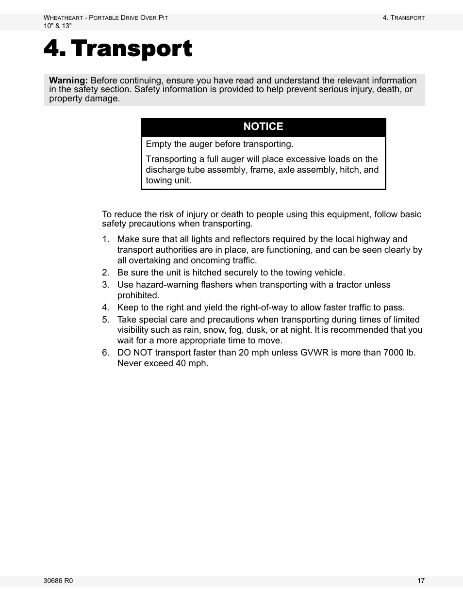 Transport, Notice | Wheatheart Portable Drive Over Pit User Manual | Page 17 / 44