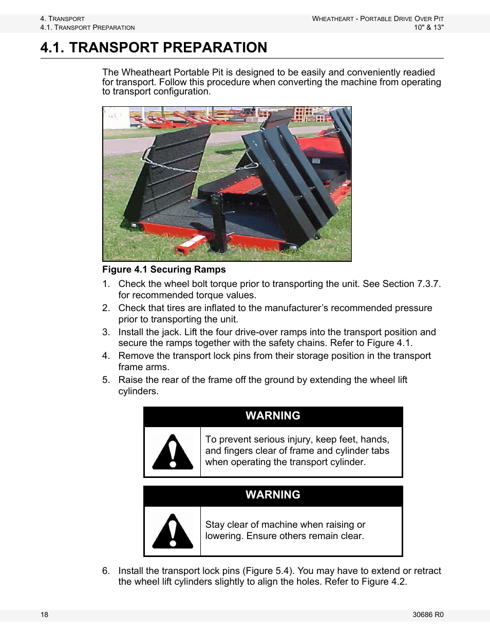 Transport preparation, Warning | Wheatheart Portable Drive Over Pit User Manual | Page 18 / 44