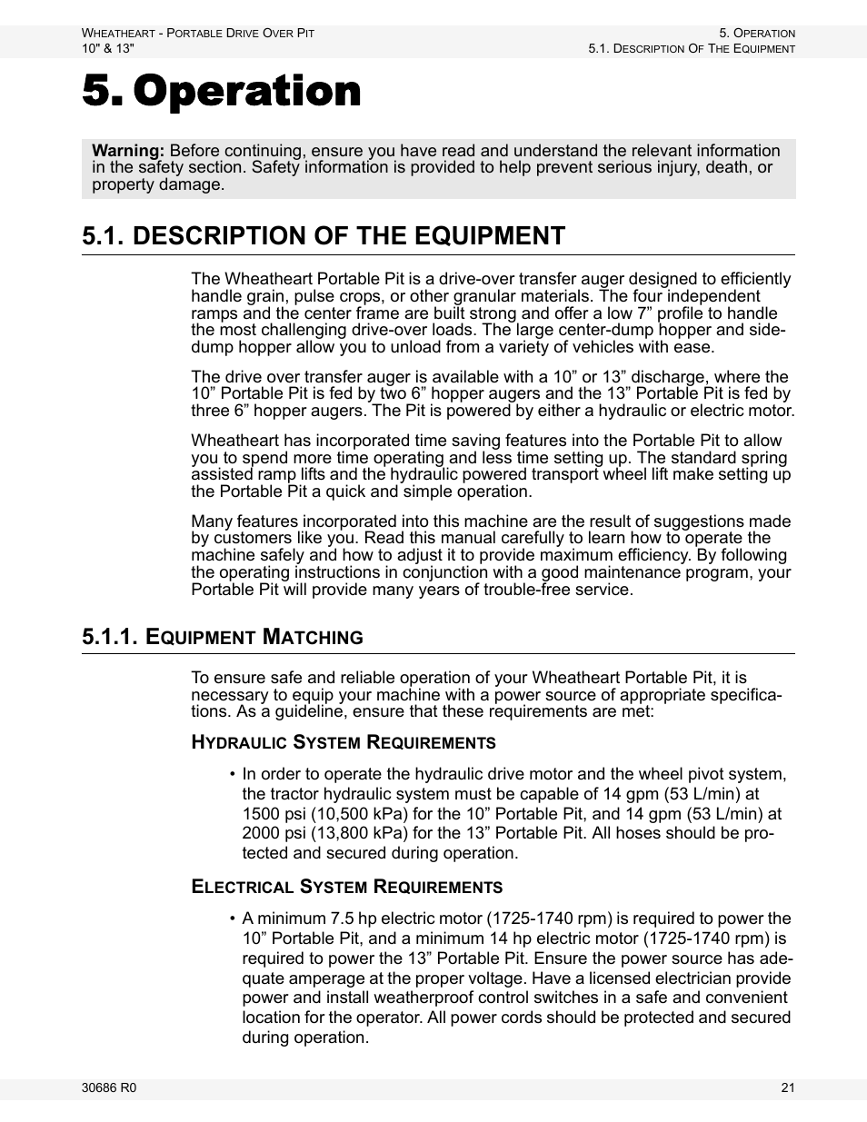 Operation, Description of the equipment, Equipment matching | Wheatheart Portable Drive Over Pit User Manual | Page 21 / 44