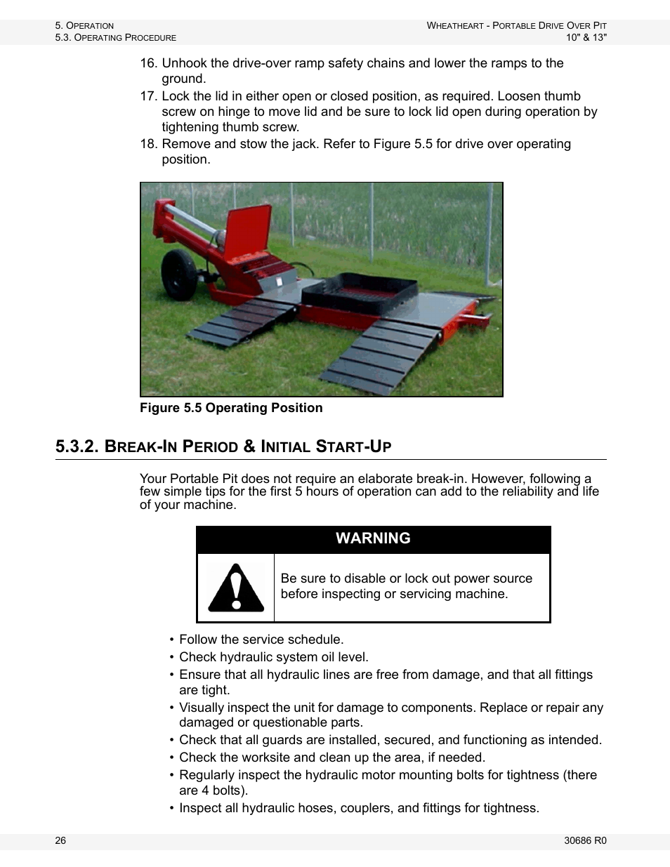 Break-in period & initial start-up, Warning | Wheatheart Portable Drive Over Pit User Manual | Page 26 / 44