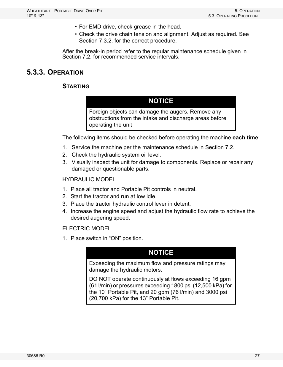 Operation, Notice | Wheatheart Portable Drive Over Pit User Manual | Page 27 / 44