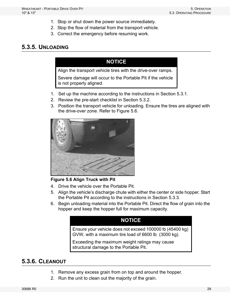 Unloading, Cleanout, Unloading 5.3.6. cleanout | Notice | Wheatheart Portable Drive Over Pit User Manual | Page 29 / 44
