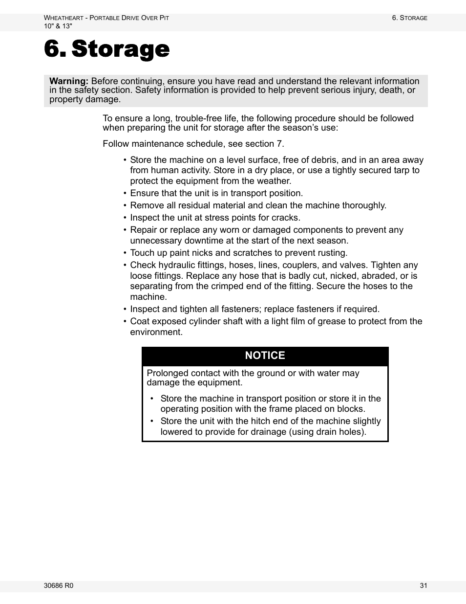 Storage, Notice | Wheatheart Portable Drive Over Pit User Manual | Page 31 / 44