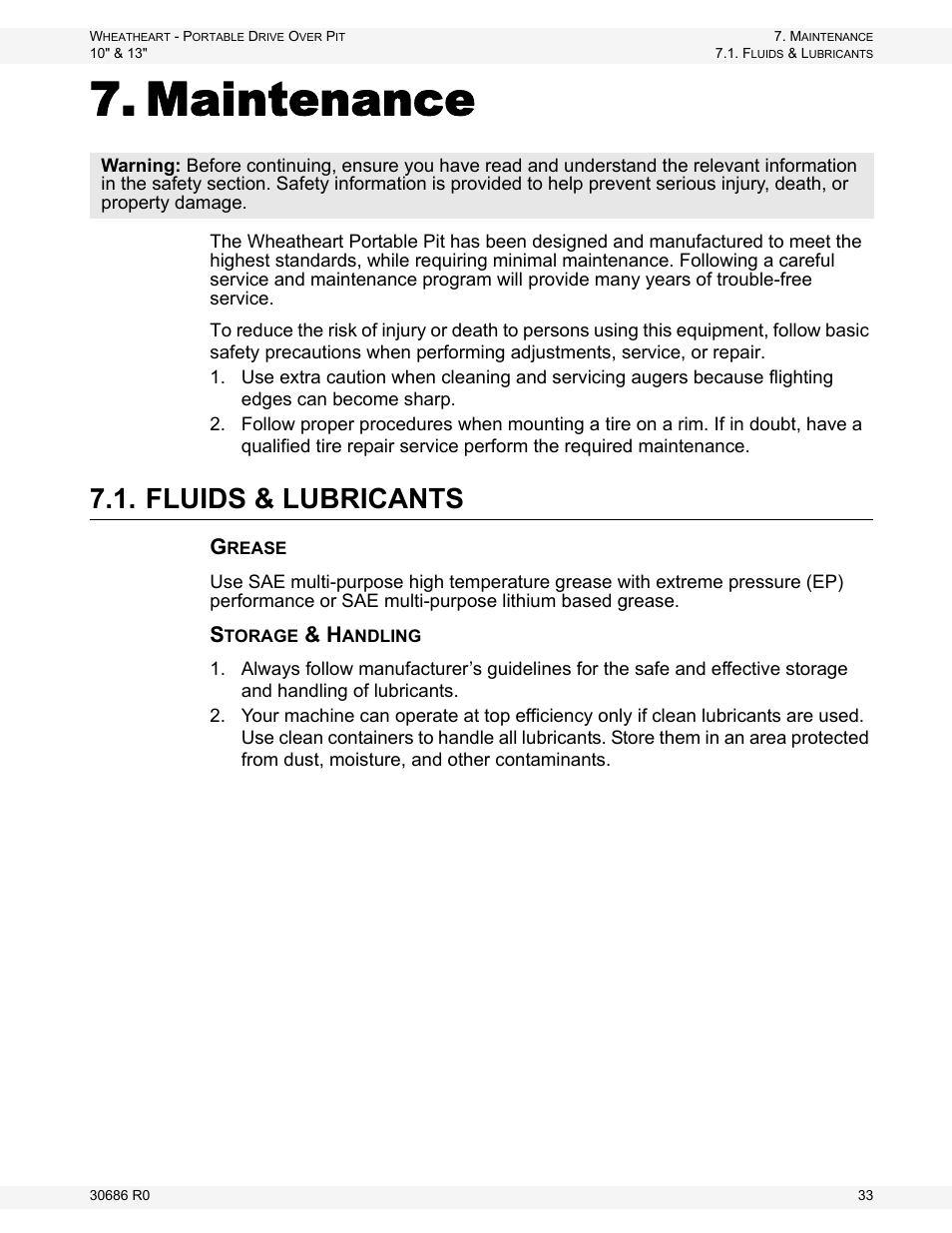 Maintenance, Fluids & lubricants | Wheatheart Portable Drive Over Pit User Manual | Page 33 / 44