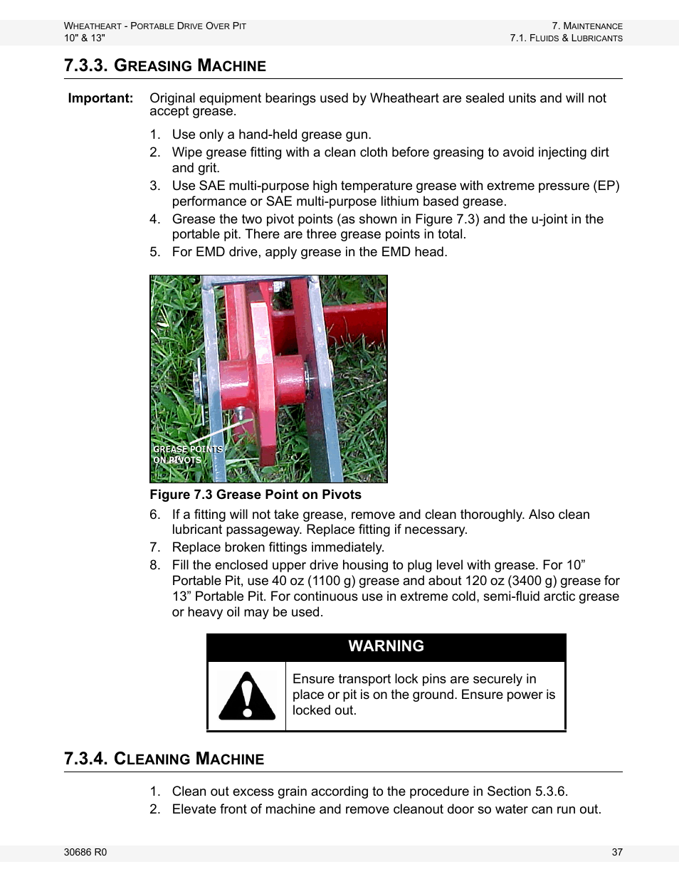 Greasing machine, Cleaning machine, Greasing machine 7.3.4. cleaning machine | Warning | Wheatheart Portable Drive Over Pit User Manual | Page 37 / 44