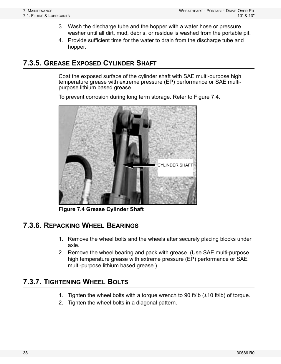 Grease exposed cylinder shaft, Repacking wheel bearings, Tightening wheel bolts | He unit. see section 7.3.7 | Wheatheart Portable Drive Over Pit User Manual | Page 38 / 44