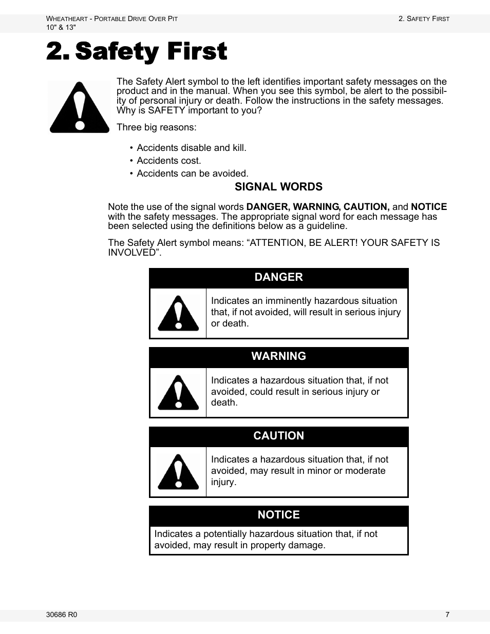 Safety first, Signal words, Danger | Warning, Caution, Notice | Wheatheart Portable Drive Over Pit User Manual | Page 7 / 44