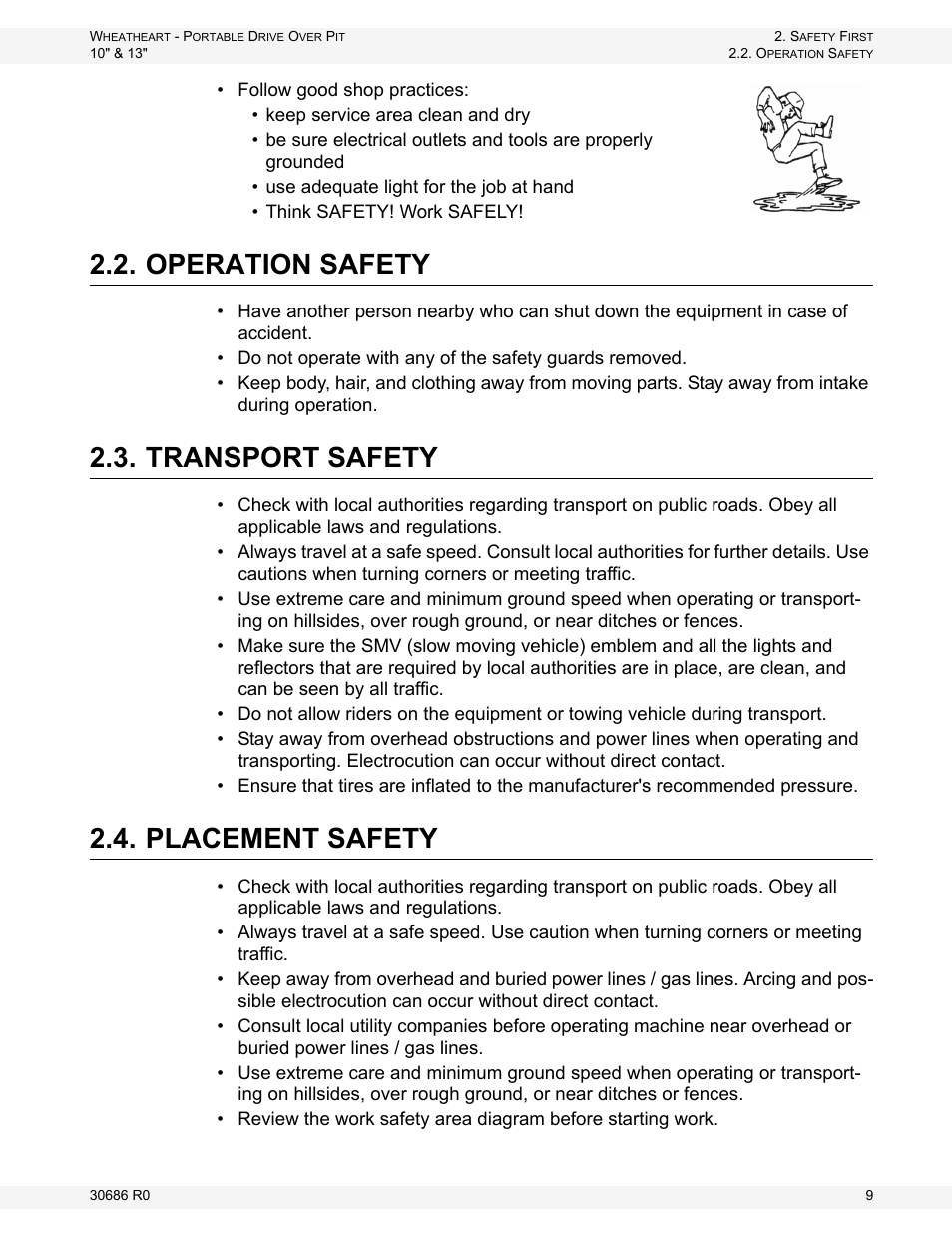 Operation safety, Transport safety, Placement safety | Wheatheart Portable Drive Over Pit User Manual | Page 9 / 44