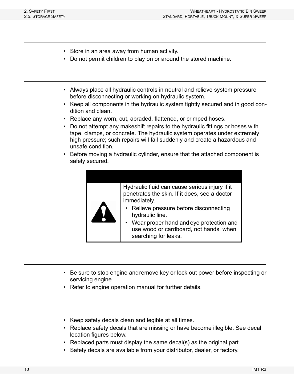 Storage safety, Hydraulic safety, Engine safety | Safety decal locations, Warning | Wheatheart Hydrostatic Portable and Truck-Mount Super Sweep User Manual | Page 10 / 40