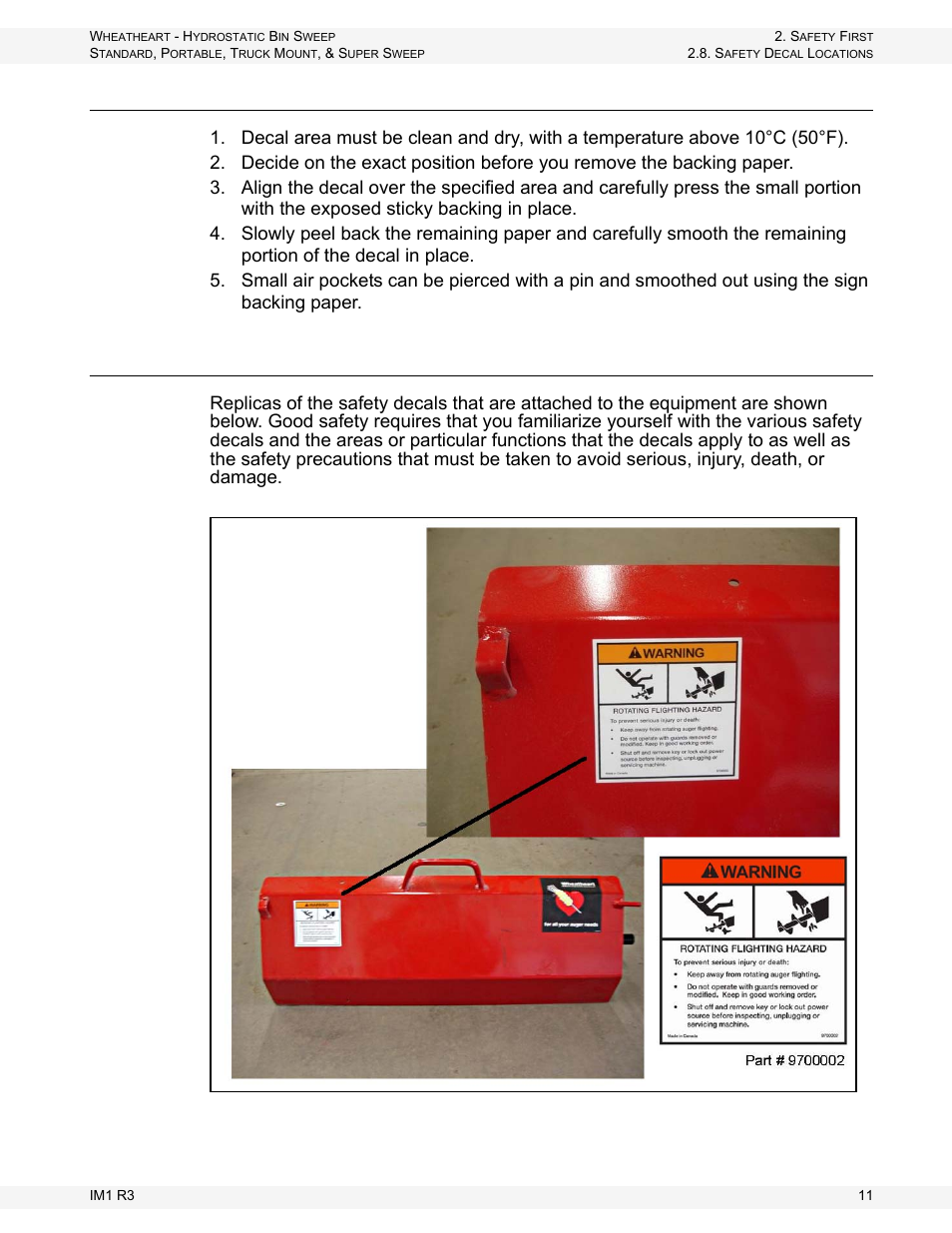 Decal installation, Decal locations, Ecal | Nstallation, Ocations | Wheatheart Hydrostatic Portable and Truck-Mount Super Sweep User Manual | Page 11 / 40
