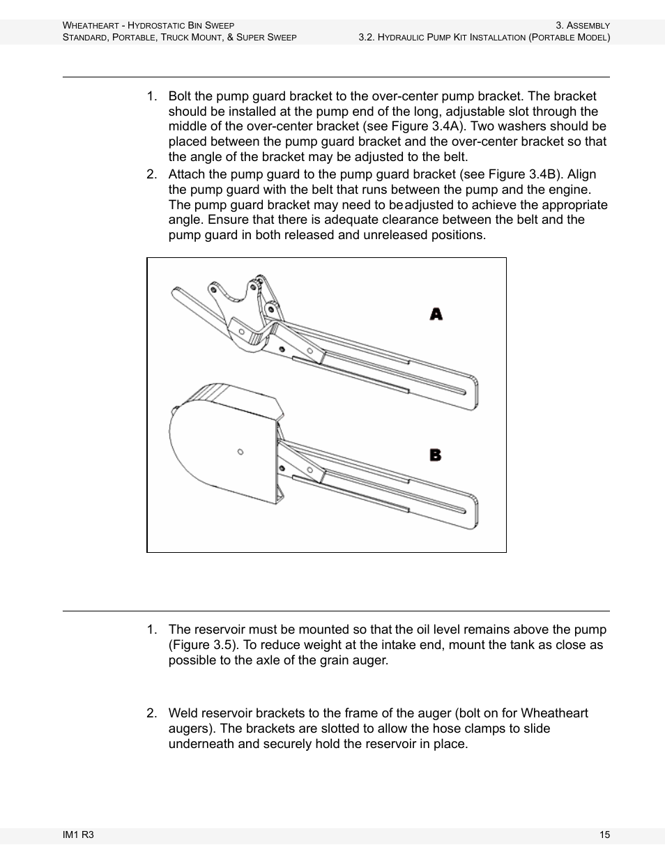 Pump guard installation, Oil reservoir installation | Wheatheart Hydrostatic Portable and Truck-Mount Super Sweep User Manual | Page 15 / 40