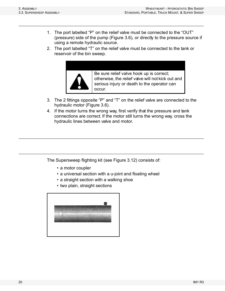 Relief valve installation, Supersweep assembly, Flighting kit | Warning | Wheatheart Hydrostatic Portable and Truck-Mount Super Sweep User Manual | Page 20 / 40