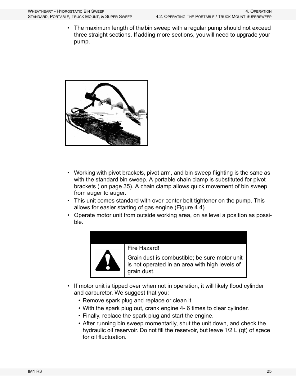 Operating the portable / truck mount supersweep, Warning | Wheatheart Hydrostatic Portable and Truck-Mount Super Sweep User Manual | Page 25 / 40