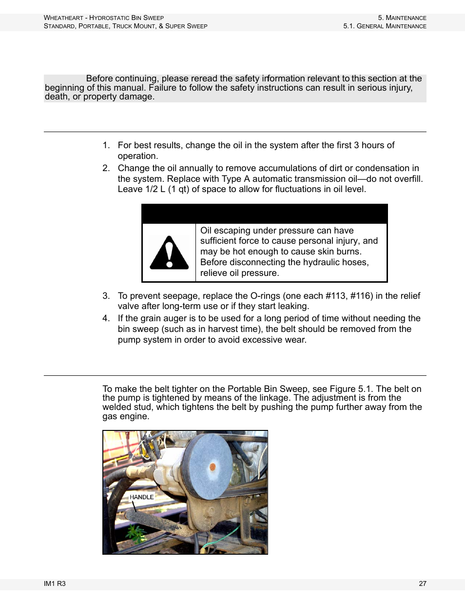 Maintenance, General maintenance, Adjusting belt tension | Caution | Wheatheart Hydrostatic Portable and Truck-Mount Super Sweep User Manual | Page 27 / 40