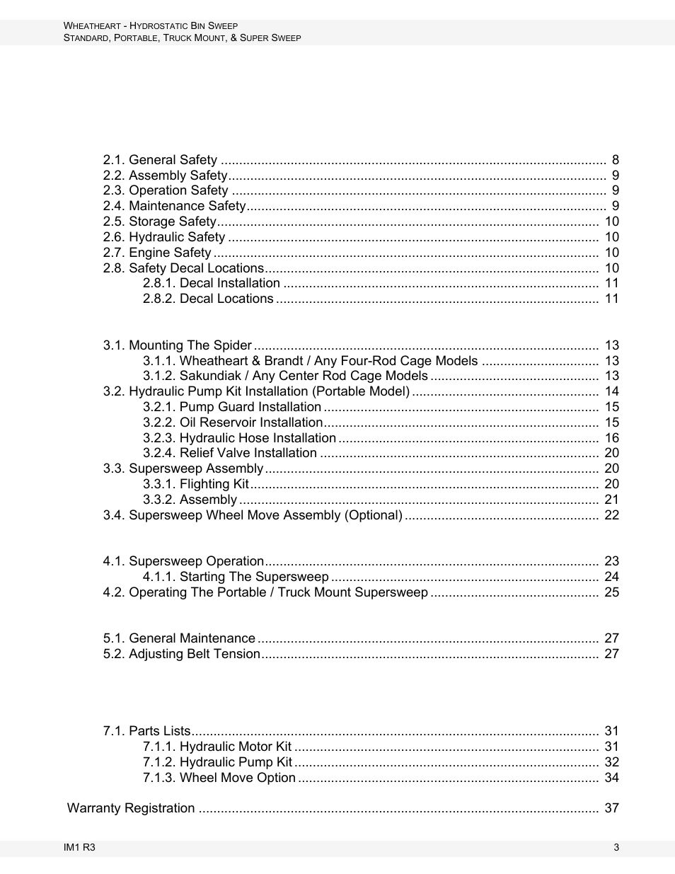 Wheatheart Hydrostatic Portable and Truck-Mount Super Sweep User Manual | Page 3 / 40