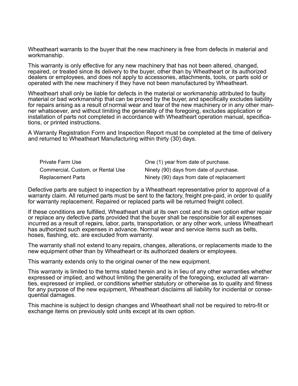 Limited warranty | Wheatheart Hydrostatic Portable and Truck-Mount Super Sweep User Manual | Page 39 / 40