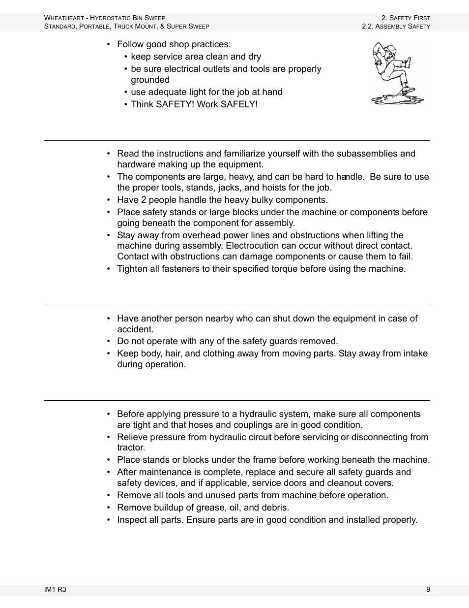 Assembly safety, Operation safety, Maintenance safety | Wheatheart Hydrostatic Portable and Truck-Mount Super Sweep User Manual | Page 9 / 40