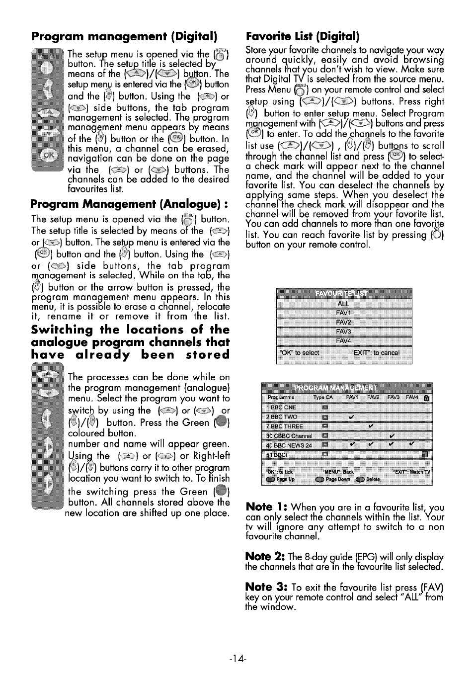 Program management (digital), Favorite list (digital), C5>1 | Program management (analogue), F:i)/(8 | Beko 25WLK530HID User Manual | Page 14 / 36