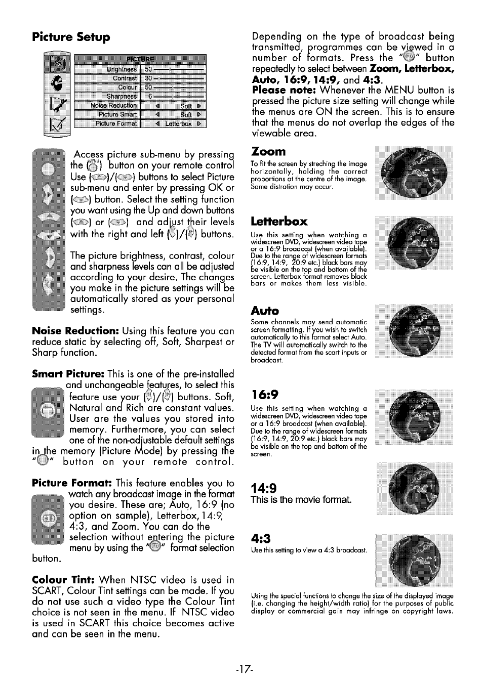 Picture setup, Zoom, Letterbox | Auto, C£>) | Beko 25WLK530HID User Manual | Page 17 / 36