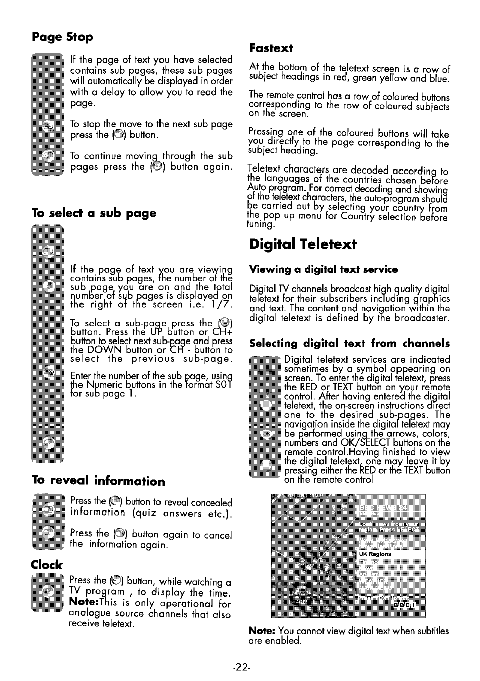 To reveal information, Clock, Fostext | Digital teletext, Page stop | Beko 25WLK530HID User Manual | Page 22 / 36