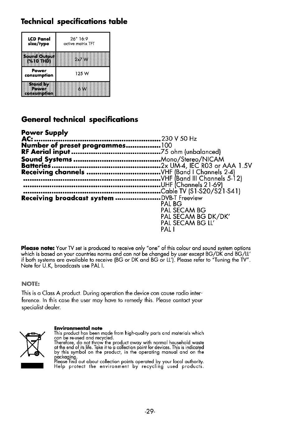 Technical specifications table, General technical specifications | Beko 25WLK530HID User Manual | Page 29 / 36