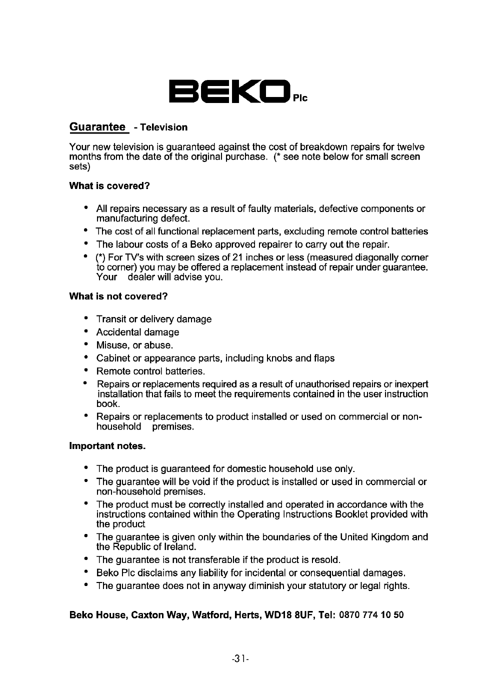 Beko 25WLK530HID User Manual | Page 31 / 36