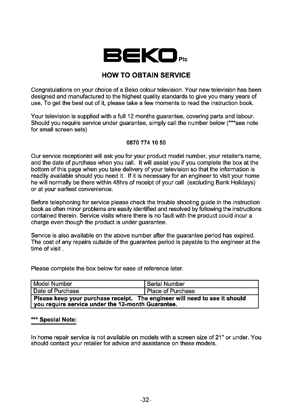 How to obtain service | Beko 25WLK530HID User Manual | Page 32 / 36